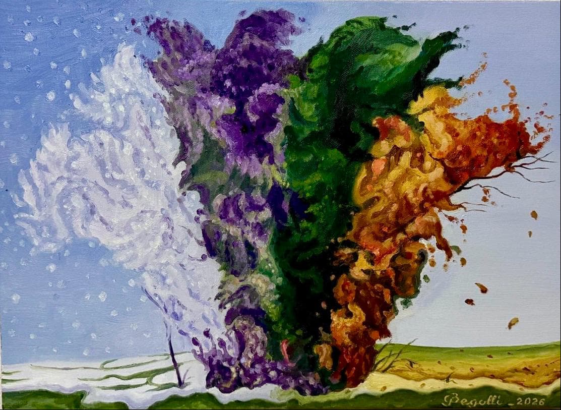 An expressive painting of white, purple, green, yellow, and red colour erupting above a landscape