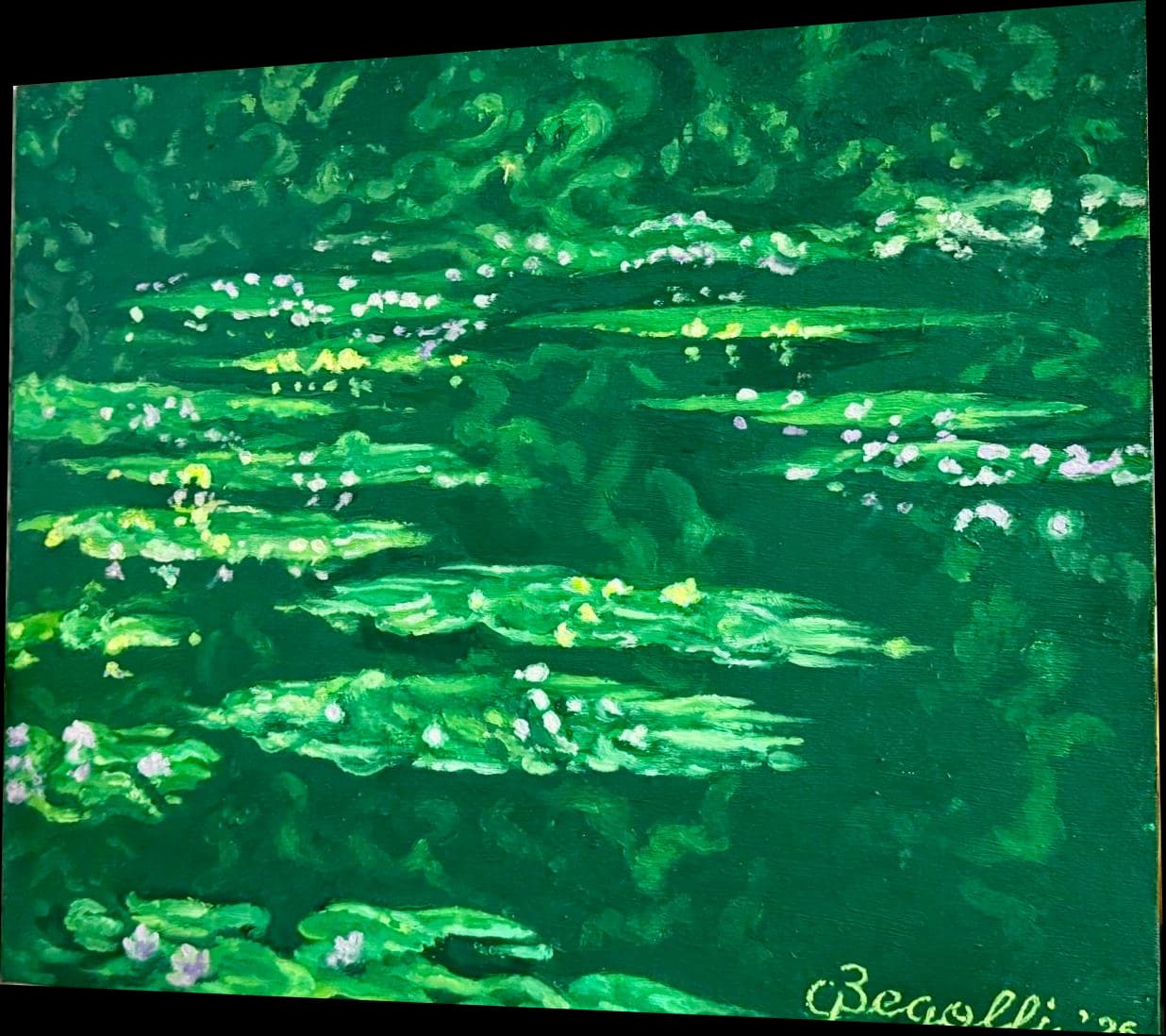 A green painting of rippling water with small strokes of white and yellow reflected light