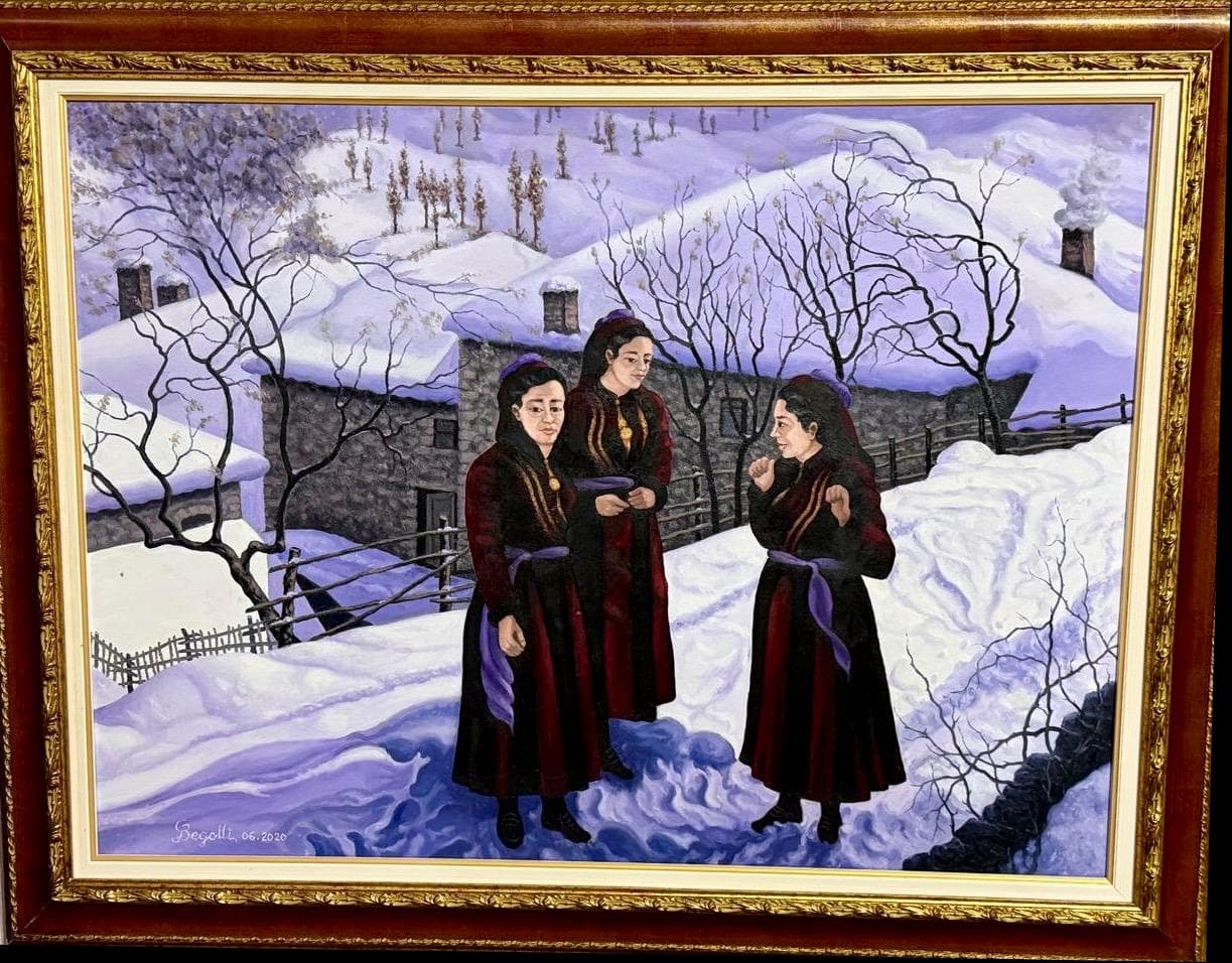 Three women in dark traditional dress standing in a snowy village, surrounded by a reddish gold frame