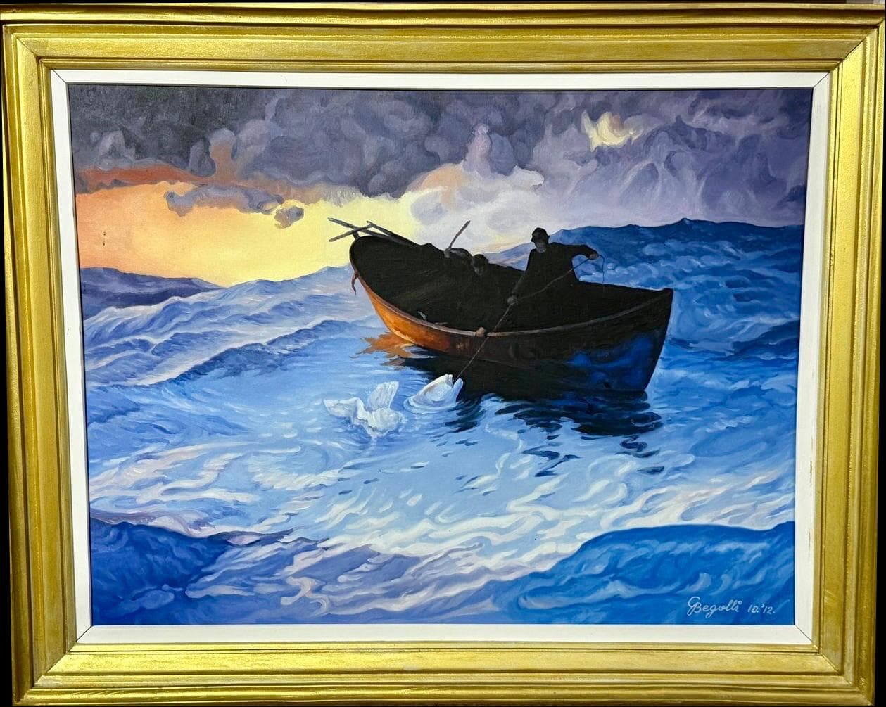 A small boat and its passengers amid high blue waves beneath a dramatic sky, in a gold frame
